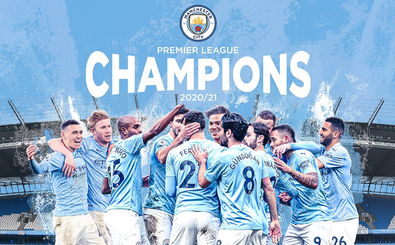 Manchester City players celebrating their Premier League title victory for the season 202021