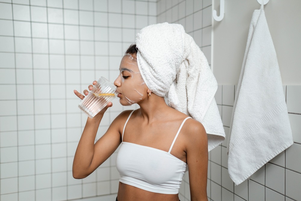 a woman drinking water while wearing a face mask - physio radiance qnet 
